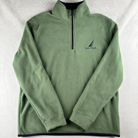 Nautica Sweater Men L Green Quarter Zip Fleece Pullover Embroidered Logo Classic - Picture 1 of 9